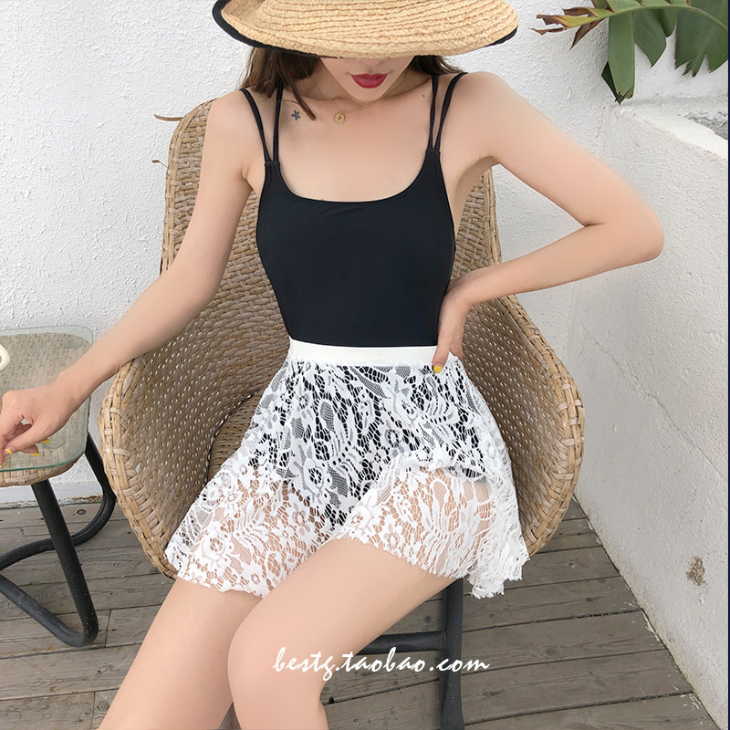 mimoi黑色吊带露背显瘦遮肚游泳衣