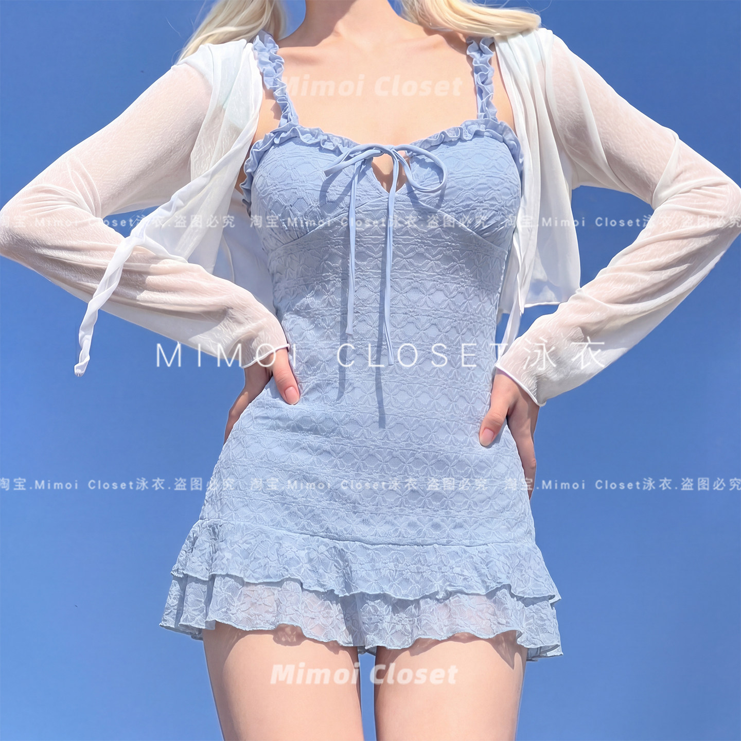 Mimoi Closet新款法式蓝色碎花甜美复古吊带连体裙式游泳衣女款