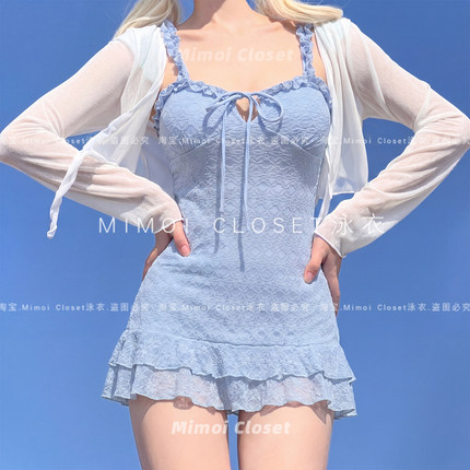Mimoi Closet新款法式蓝色碎花甜美复古吊带连体裙式游泳衣女款