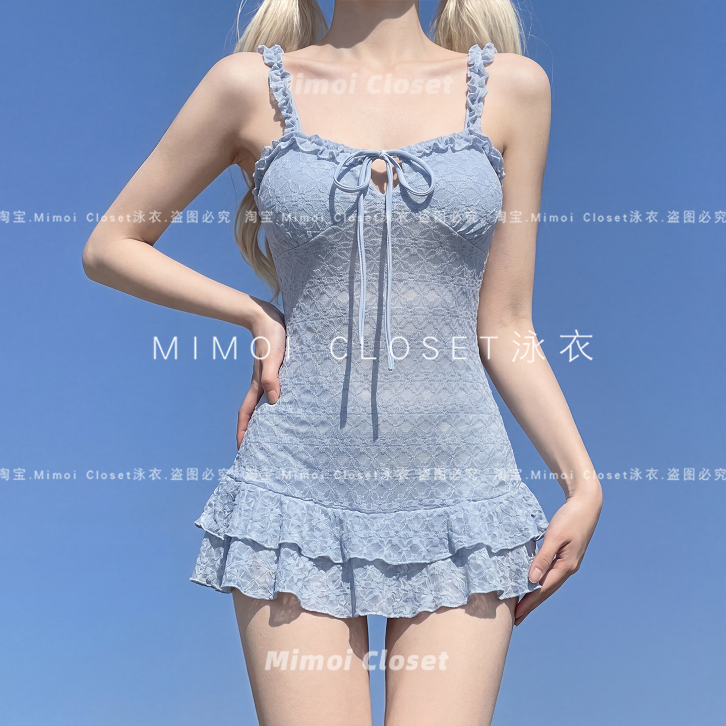 Mimoi Closet新款法式蓝色碎花甜美复古吊带连体裙式游泳衣女款