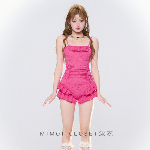 MimoiCloset少女玫红粉游泳衣女