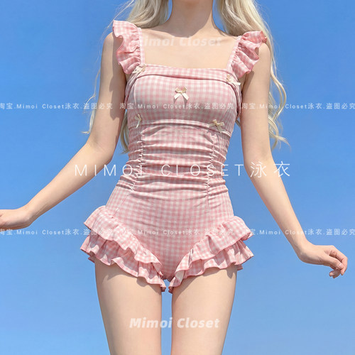 Mimoi Closet新款甜美少女粉格子连体蝴蝶结高级感泳装游泳衣女款