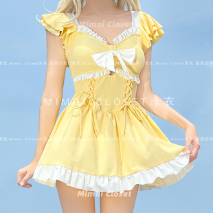 Mimoi Closet新款奶油黄裙式少女纯欲连体微胖遮肉保守游泳衣女款