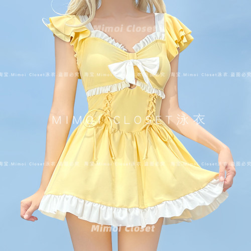 Mimoi奶油黄裙式蝴蝶结游泳衣女