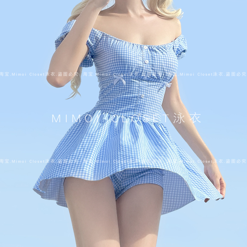 MimoiCloset短袖蓝格子女游泳衣