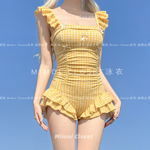 Mimoi甜美黄格子连体蝴蝶结泳装