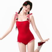 连体甜美游泳衣女款 红色樱桃复古格子吊带裙式 Closet新款 Mimoi