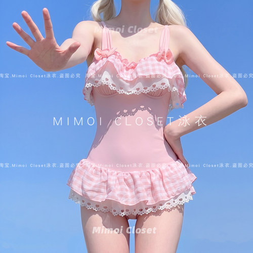 Mimoi洛丽塔粉格甜美连体泳衣女