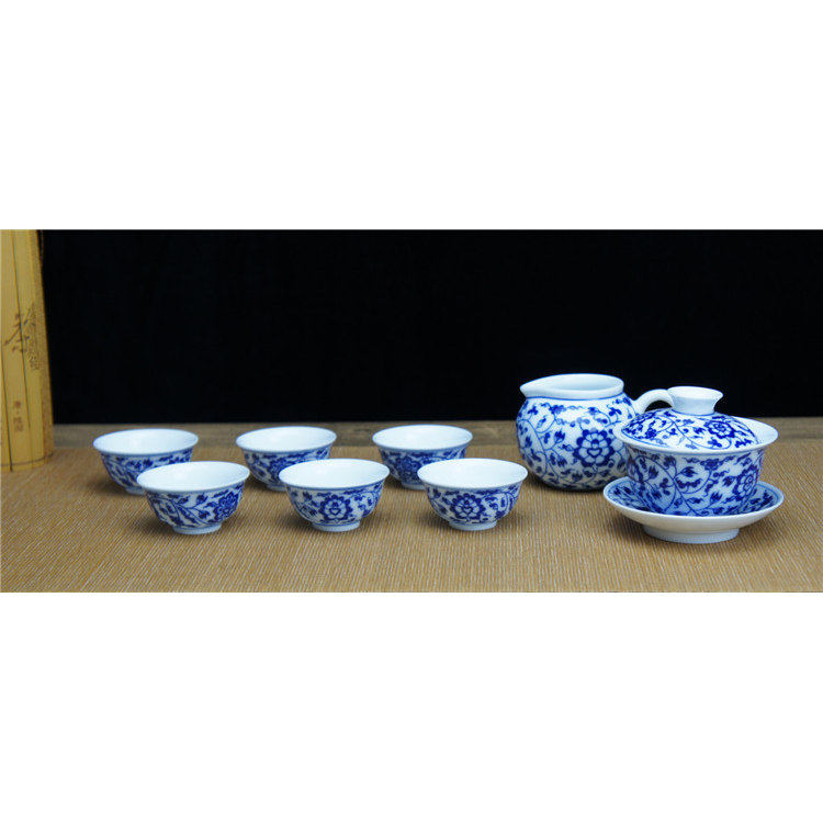 诚德轩 景德镇陶瓷茶具 高端8头青花瓷器盖碗成套组 手绘缠枝三花