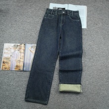 女式牛仔裤直筒中高腰加绒长裤秋冬季加厚宽松