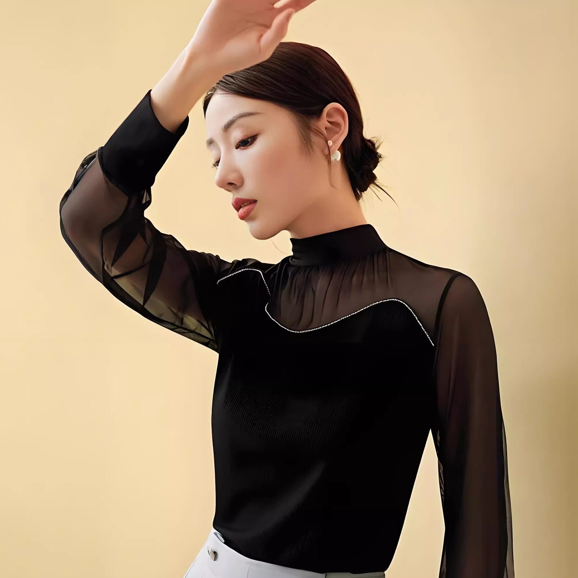 春季洋气新款丝光罗纹打底衫拼接网纱半高领修身长袖女士内搭t恤