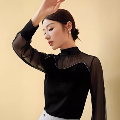 洋气新款丝光罗纹拼接网纱打底衫