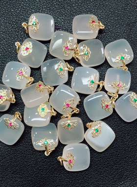 J126 约12mm天然白玉髓玛瑙方牌吊坠饰品DIY配饰水润挂件耳环配饰