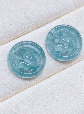J115 约12mm天然A货翡翠貔貅圆牌吊坠蓝水翡翠耳坠配件 一对