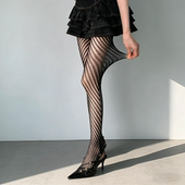 新款 黑色镂空网袜高街辣妹风潮袜 袜女春夏季 性感个性 黑丝条纹连裤
