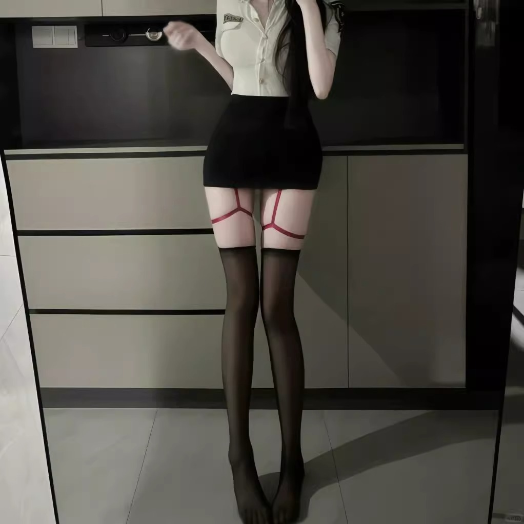 性感红边黑丝吊带一体丝袜