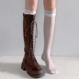 蕾丝花边小腿袜子女春秋中筒袜蝴蝶结美拉德配靴子的过膝长筒袜女