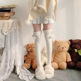 毛球加绒lolita过膝袜子女秋冬季 长筒加厚日系jk洛丽塔白色小腿袜