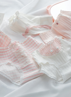 甜欲粉纯棉中腰三角裤女士内裤全包臀亲肤透气可爱条纹格子缎带