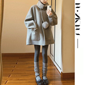 灰色小个子短款 双面羊毛大衣女披肩围巾领高级感毛球斗篷大衣外套