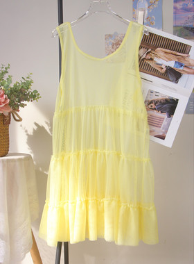 奶黄网纱连衣裙女夏宽松蛋糕裙中长款圆领打底吊带穿背心长裙