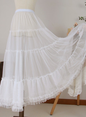 浅春穿搭百搭高腰显瘦a字大摆纱木耳边拼接网纱仙女裙长款衬裙