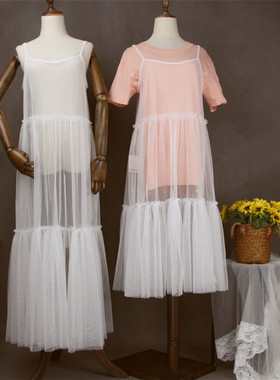 2025新款网纱吊带裙百搭外穿罩裙单层透视大摆中长款外搭连衣裙