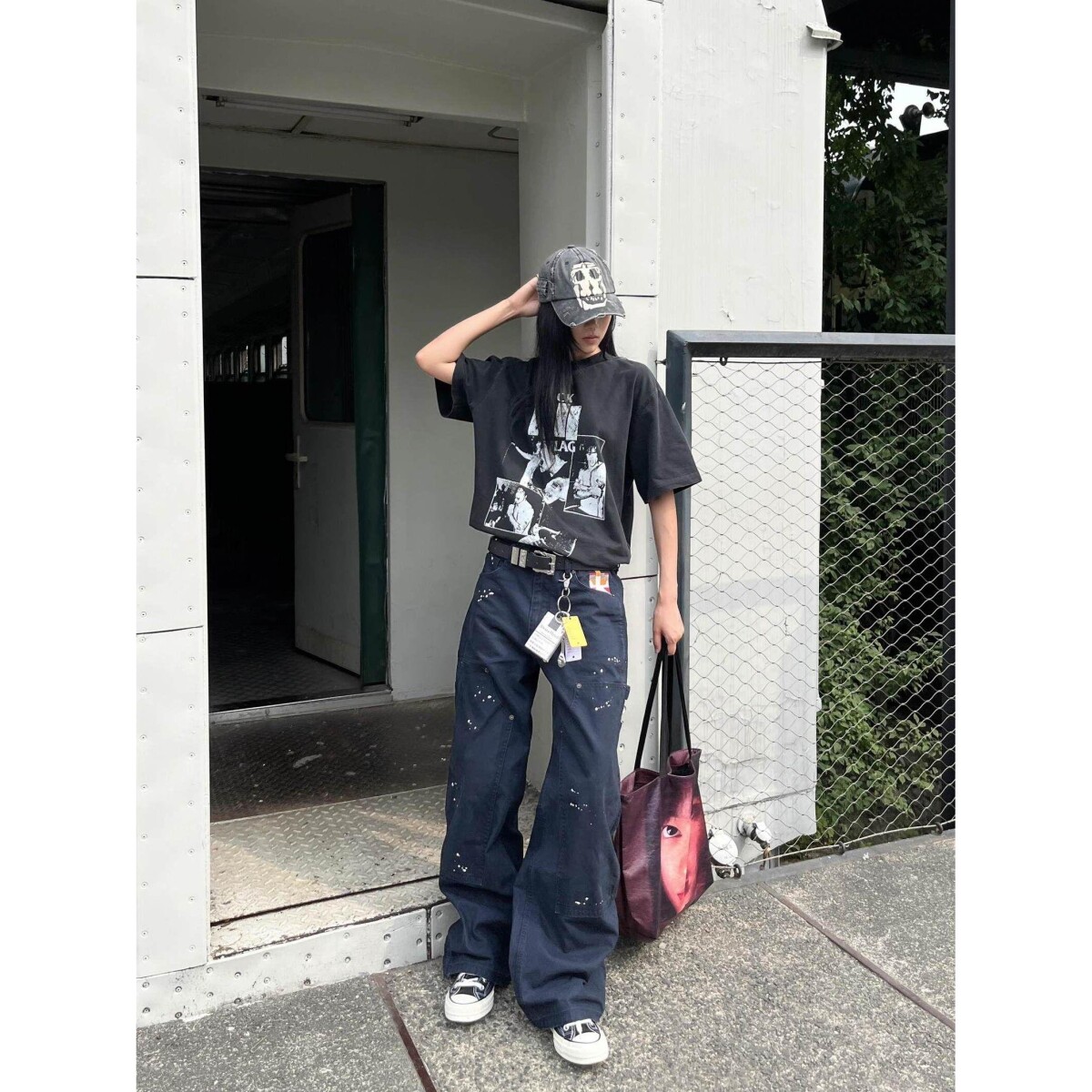 潮牌高街慵懒风批48网图N1394烟盒刺绣泼墨水洗工装汽油蓝到3XL