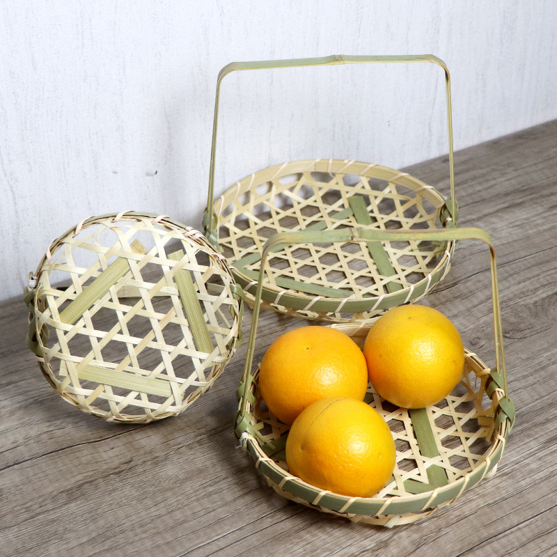 创意小竹篓编织装饰手提篮圆簸箕竹编水果筐饭店食物托盘小号竹篮