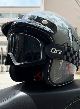 3C认证ORZ复古哈雷摩托车头盔男女3/4半盔电动踏板机车四季小牛