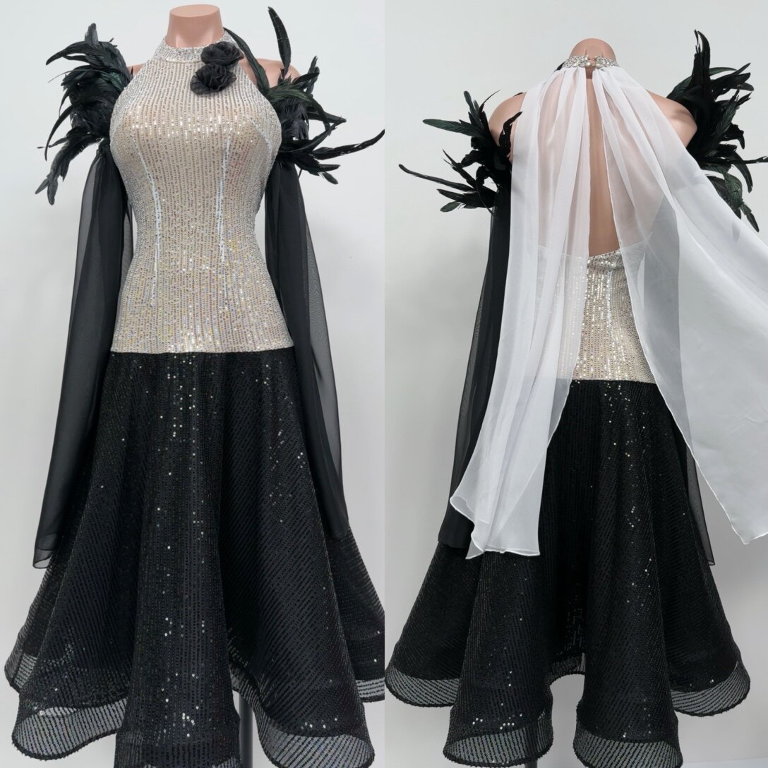 懒猫onue高端定制摩登舞服舞蹈演出比赛服华尔兹国标舞羽毛连衣裙