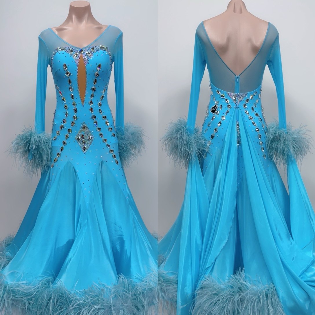 懒猫onue高端定制摩登舞服国标舞华尔兹探戈鸵鸟毛演出大摆连衣裙