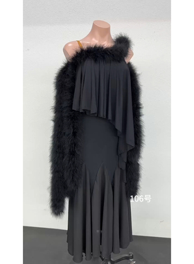 懒猫onue高端定制【MM106】摩登舞连衣裙 经典黑色毛毛国标舞裙子