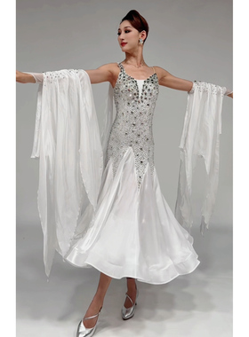 懒猫onue高端定制【MM960】摩登舞赛服 重工白色贴钻国标舞比赛裙