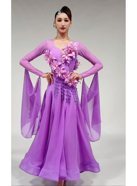 懒猫onue高端定制【MM880-1】摩登舞赛服 紫色贴花国标舞衣比赛裙
