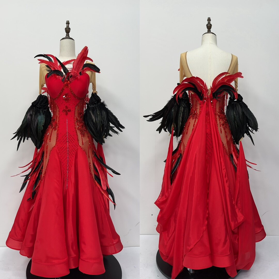 懒猫onue高端定制新款国标摩登舞服华尔兹大摆连衣裙高定羽毛赛服