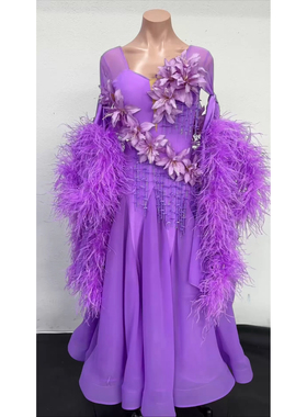 懒猫onue高端定制【MM880】摩登舞赛服 紫色贴花毛毛国标舞比赛裙