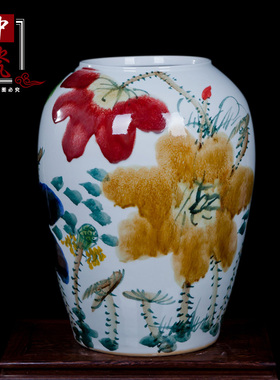 陶瓷器冬瓜坛 窑变荷花花瓶 大号落地瓷器摆件 字画筒缸 瓷器摆件