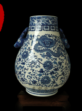 景德镇陶瓷器 花瓶 仿古青花瓷 福筒鹿头尊 家居客厅书房装饰摆件