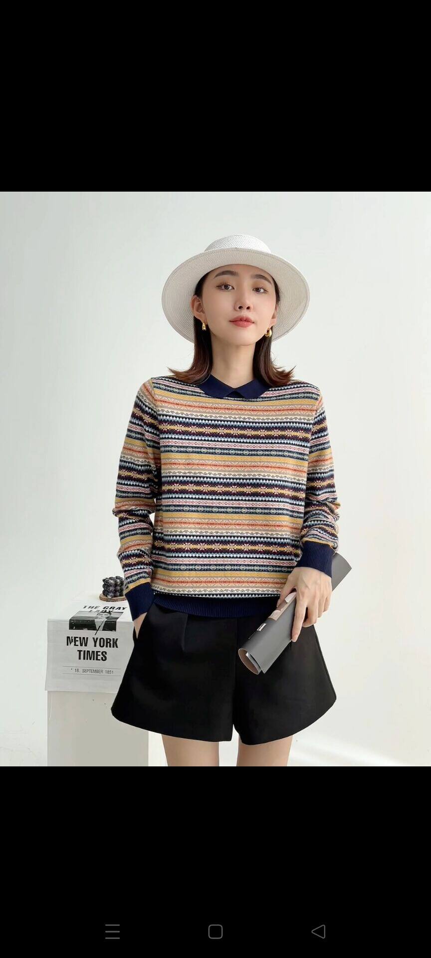 女针织衫小翻领打底衫秋冬条纹毛毛针织衫