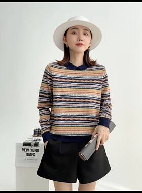 女针织衫小翻领打底衫秋冬条纹毛衣娃娃领花色羊毛衫短款大码宽松