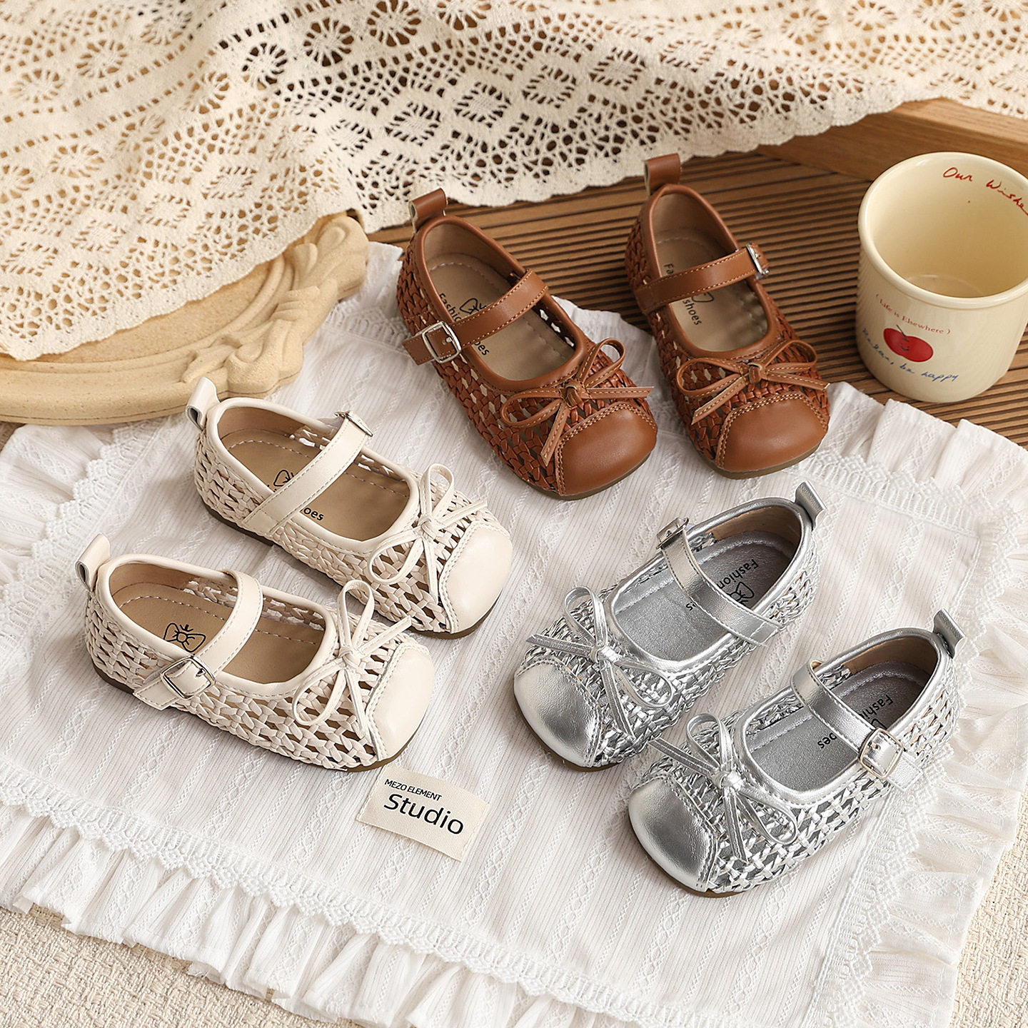 ins编织包头镂空凉鞋2026春夏季新款韩版女童蝴蝶结公主鞋配裙子