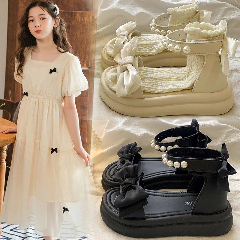 女童防滑罗马凉鞋中大童软底蝴蝶结露趾凉鞋夏季外穿配裙子公主鞋