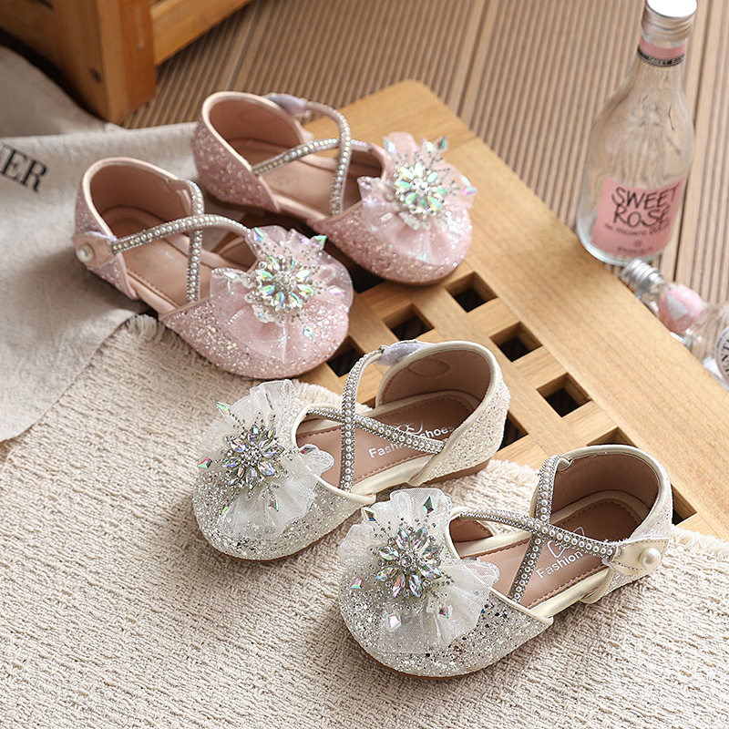 女童仙女风时尚水钻交叉带爱莎公主鞋2026夏季新款配裙子包头凉鞋