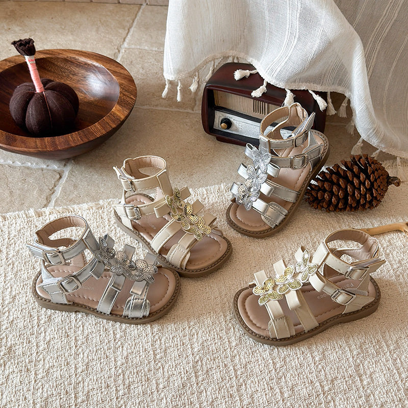 复古罗马凉鞋2026夏季新款韩版女童蝴蝶结公主鞋软底沙滩鞋配裙子