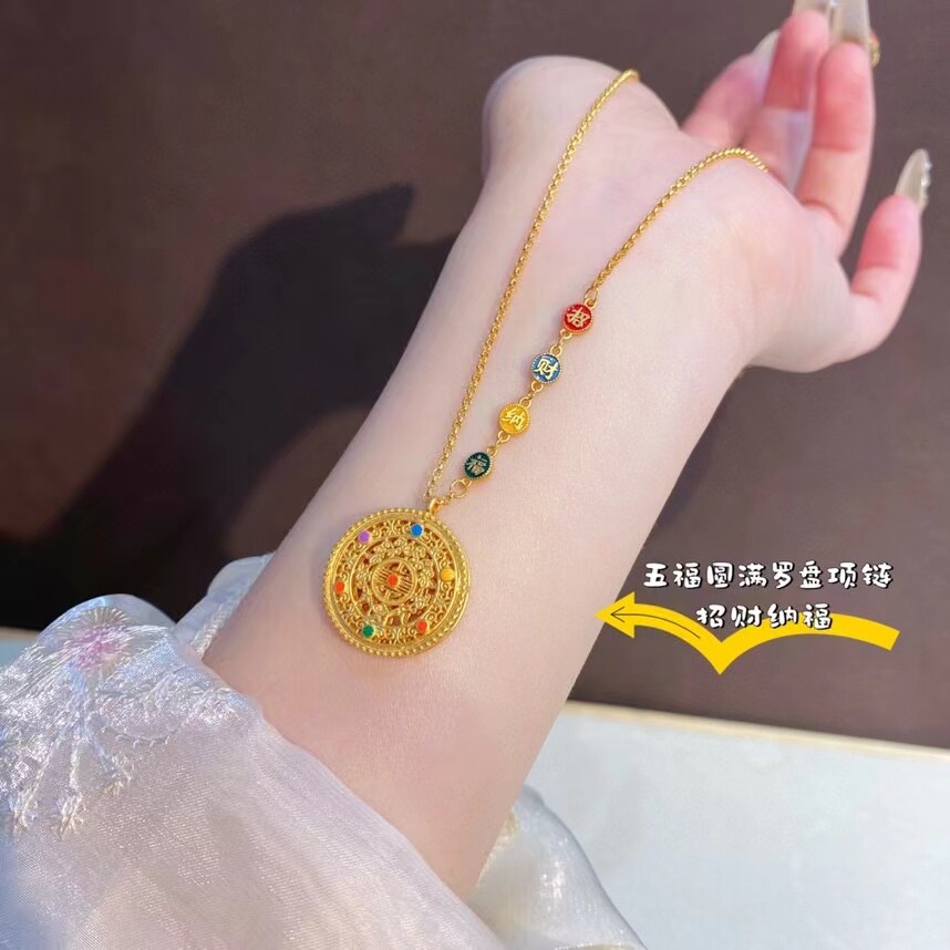 s925纯银八宝罗盘吊坠女古法金花丝如意圆满珐琅招财纳福项链送人