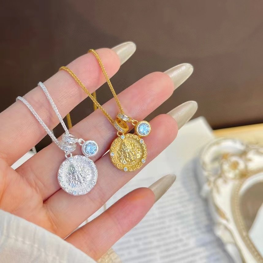 S999纯银新中式古法黄财神吊坠项链女高级感复古泡泡钻锁骨链足银