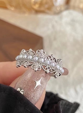 纯银蕾丝皇冠戒指女贝珠指环