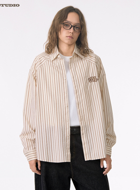 ASOT长袖条纹衬衣 春秋薄款无性别日系刺绣男女款cozyfit休闲衬衣
