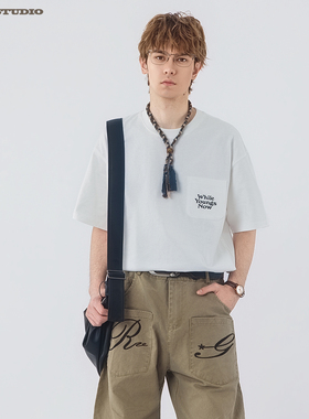 ASOT  胸前荷包印花圆领短袖T恤男2026夏季宽松情侣休闲半袖上衣